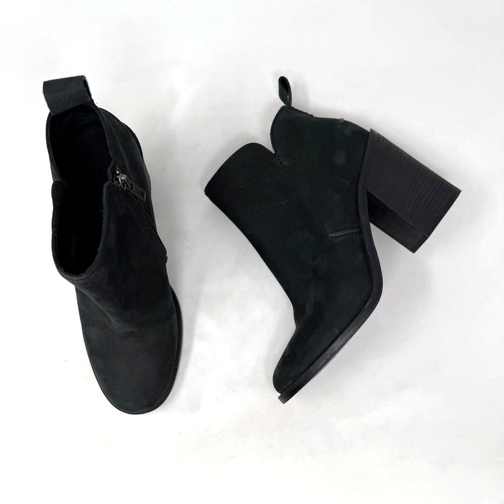 [UGG] Black Pixley Suede Leather Chunky Block Heel Round Toe Ankle Boots Sz 9.5